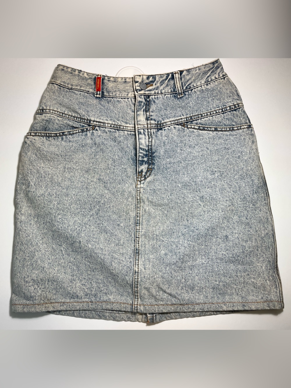 JORDACHE Light Wash Denim Skirt with Red Logo Tab